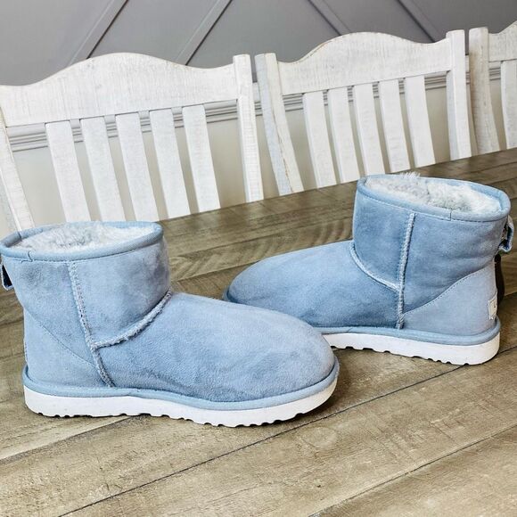UGG Classic Mini Boot Pull On Short Light Blue Suede Sherpa Women’s Size 9 - Picture 5 of 6